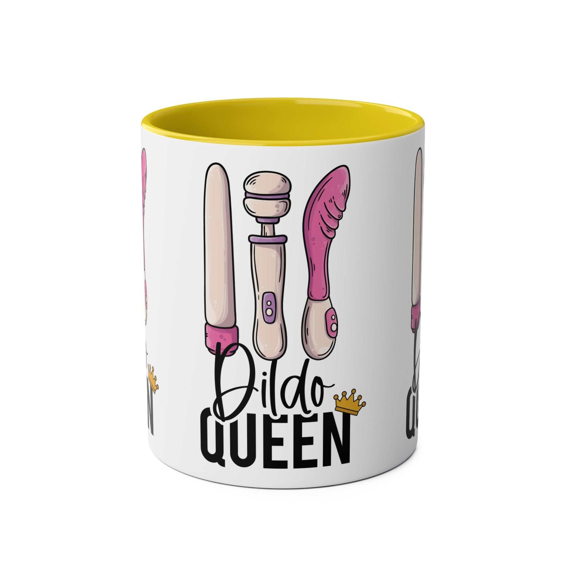 Dildo Queen Coffee Mug with cheeky design, available in 7 colors, ceramic, glossy finish.