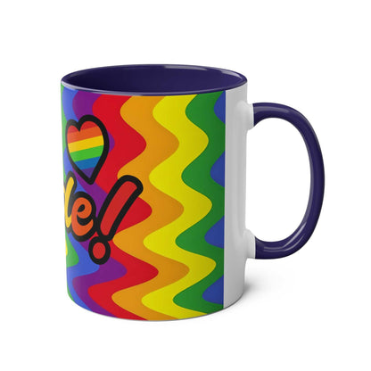LGBTQ+ Pride mug with vibrant rainbow design and love message.