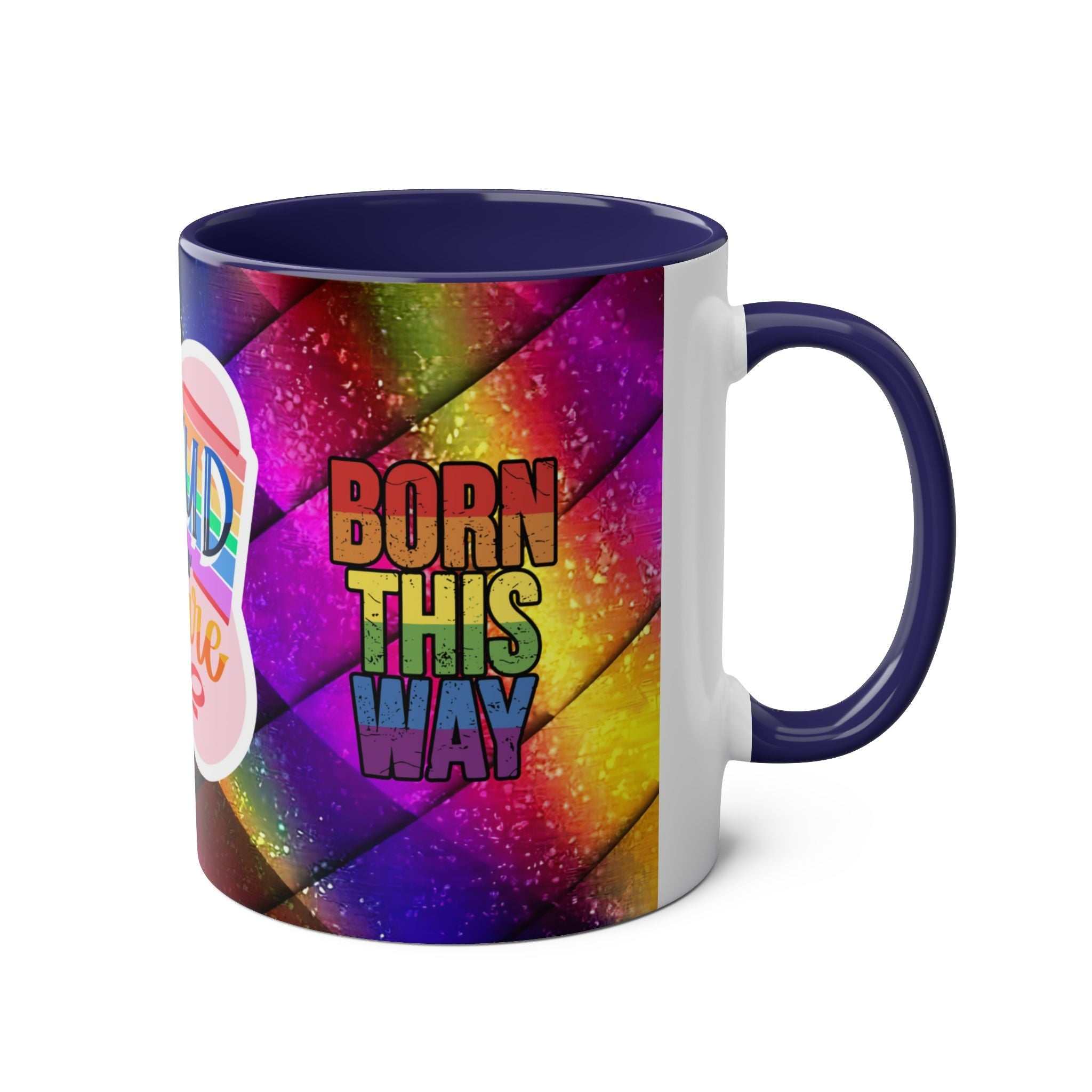 LGBTQ+ Pride Mug with vibrant rainbow design and "Born This Way" text.