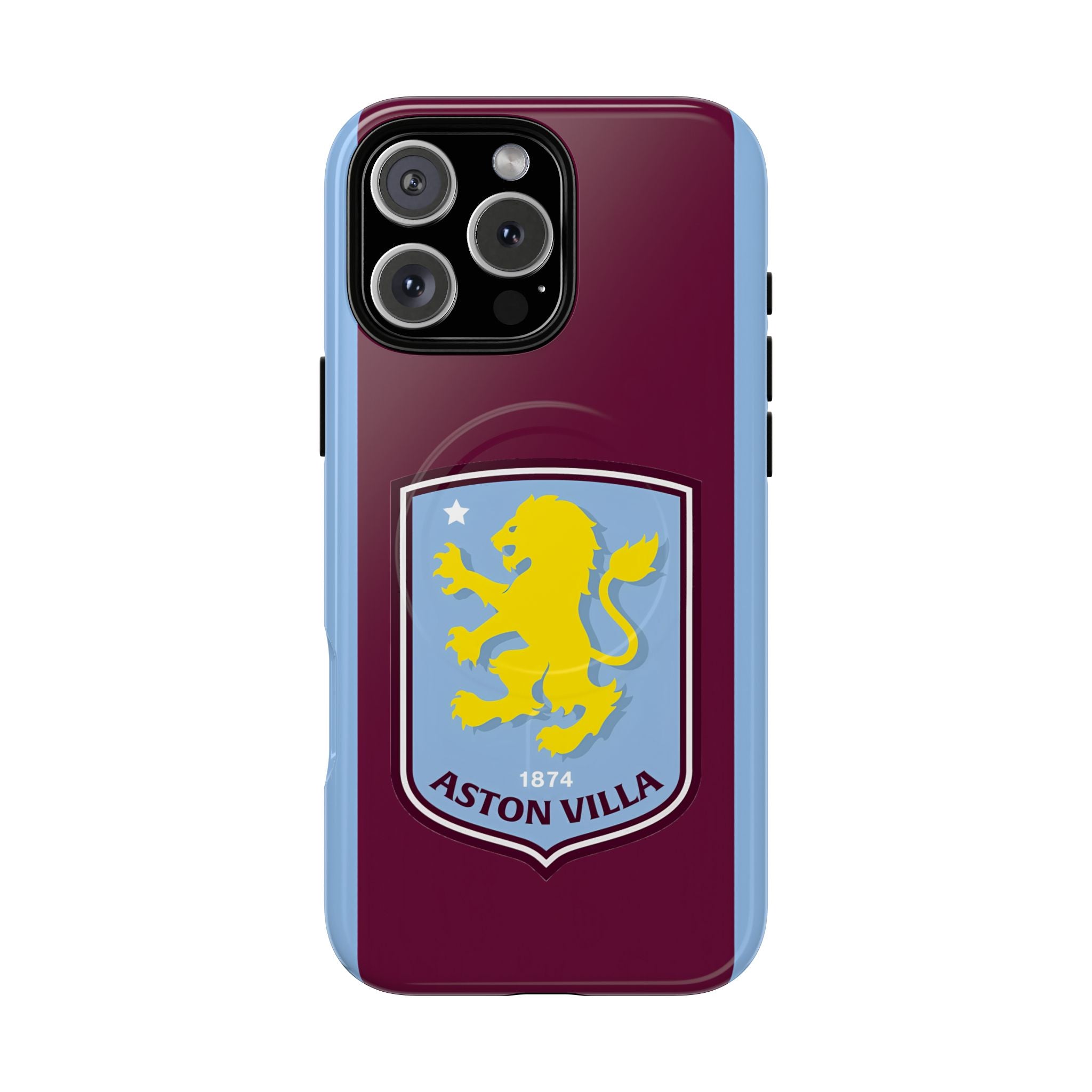 Aston Villa Magsafe iPhone Case with claret and blue colors and club crest, dual-layer protective design compatible with wireless charging