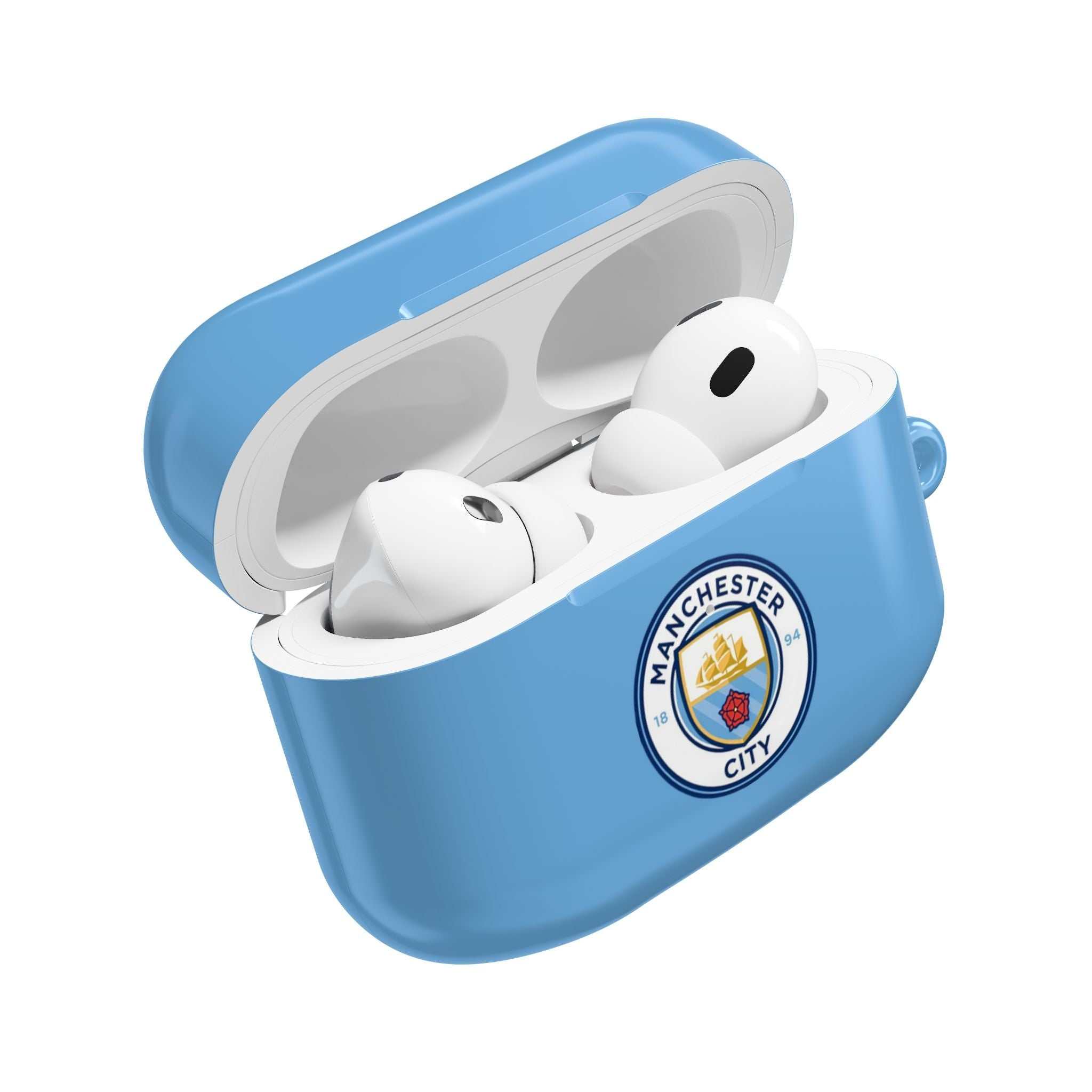 Manchester City FC AirPods protective case in sky blue with club crest, compatible with AirPods and AirPods Pro, shock-resistant and wireless charging friendly.