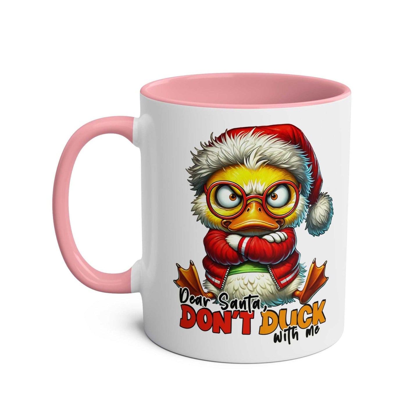 Sarky Christmas Mug with duck design in Santa hat, pink handle, 11oz ceramic.