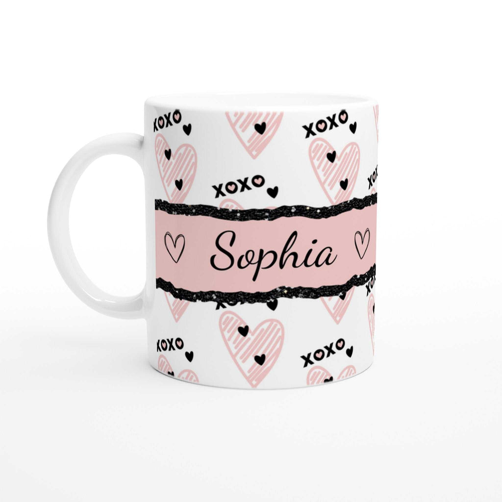 personalised cute Valentines Day mug with name Sophia, heart design, and pink accents