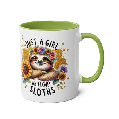 Cute sloth coffee mug with green handle and inner, featuring a floral design and text "Just a Girl Who Loves Sloths".