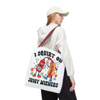 Cheeky I Squirt On Juicy Wieners Fun Tote Bag with hot dog design and colorful handles