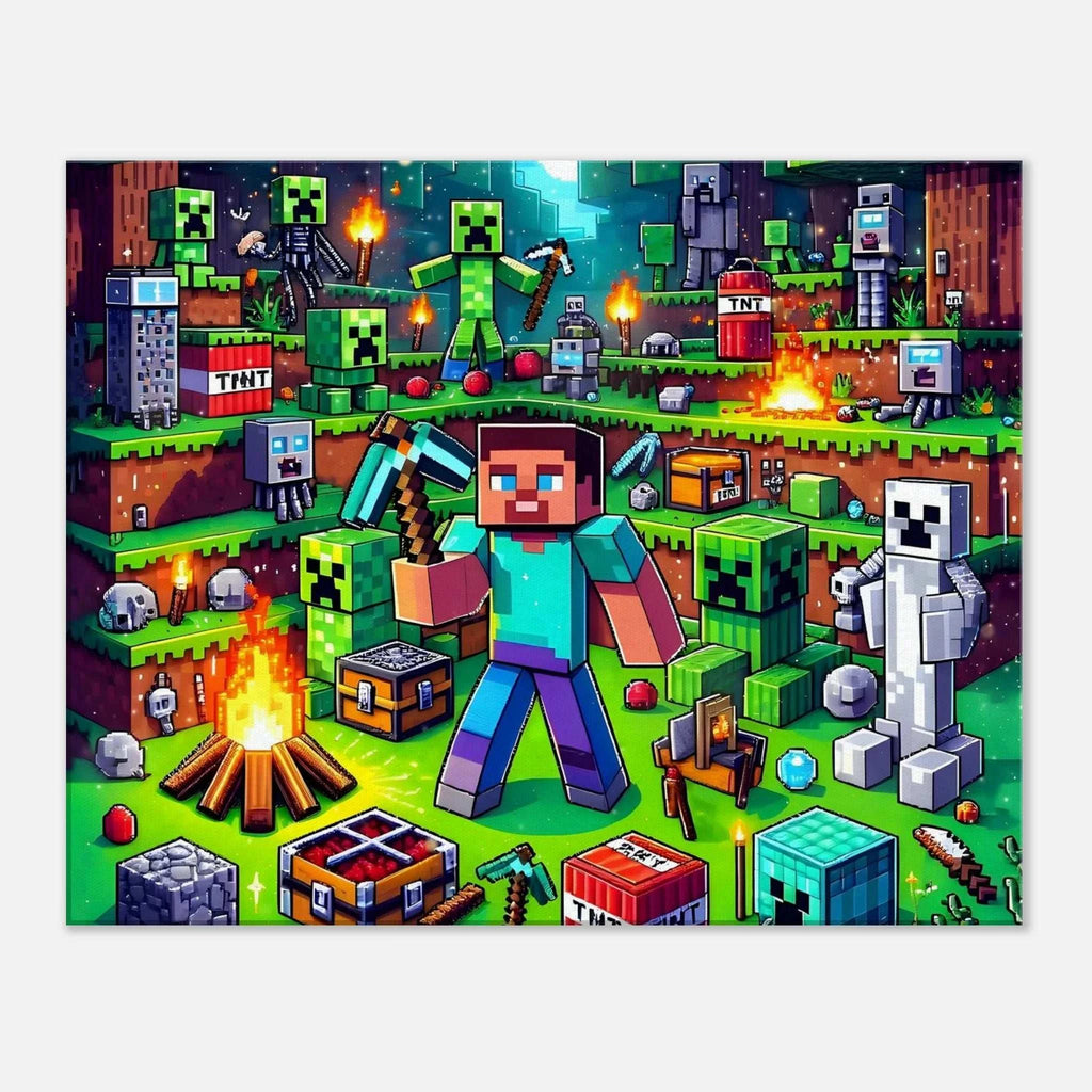 Minecraft Wall Canvas featuring vibrant pixelated game scenes, easy to hang, available in multiple sizes.
