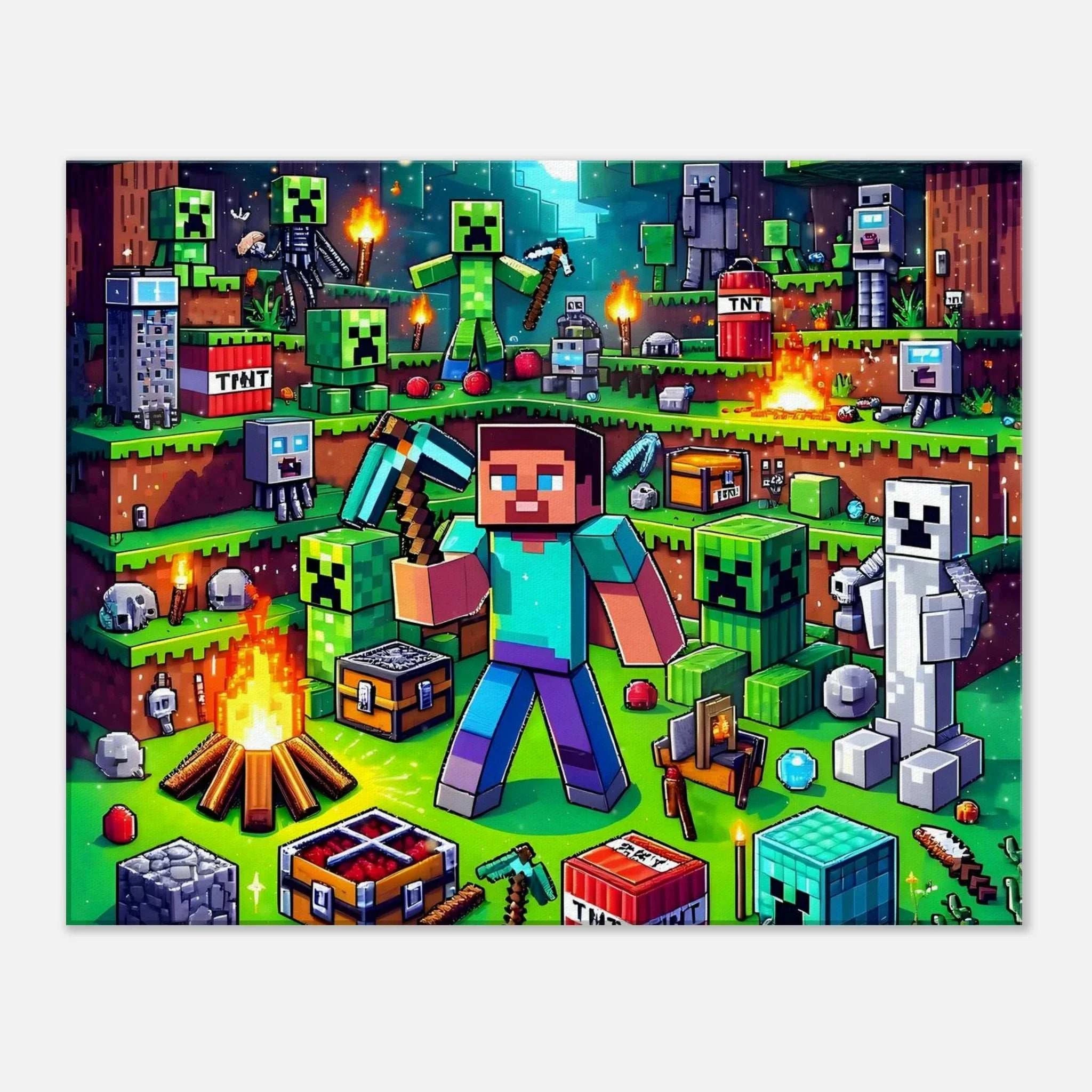 Minecraft Wall Canvas featuring vibrant pixelated game scenes, easy to hang, available in multiple sizes.