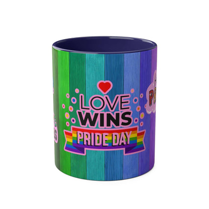 LGBTQ+ Pride Mug with rainbow design and "Love Wins" message, 11oz ceramic, dishwasher and microwave safe.