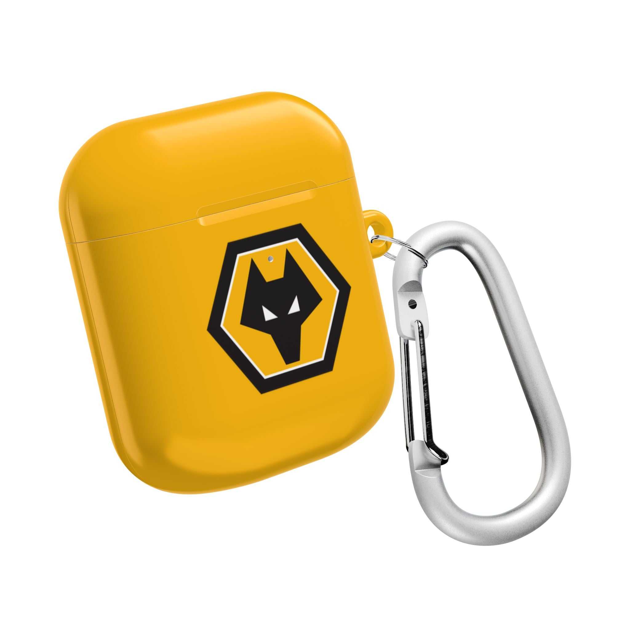 Wolves FC AirPods protective case in gold with wolf crest and silver carabiner clip