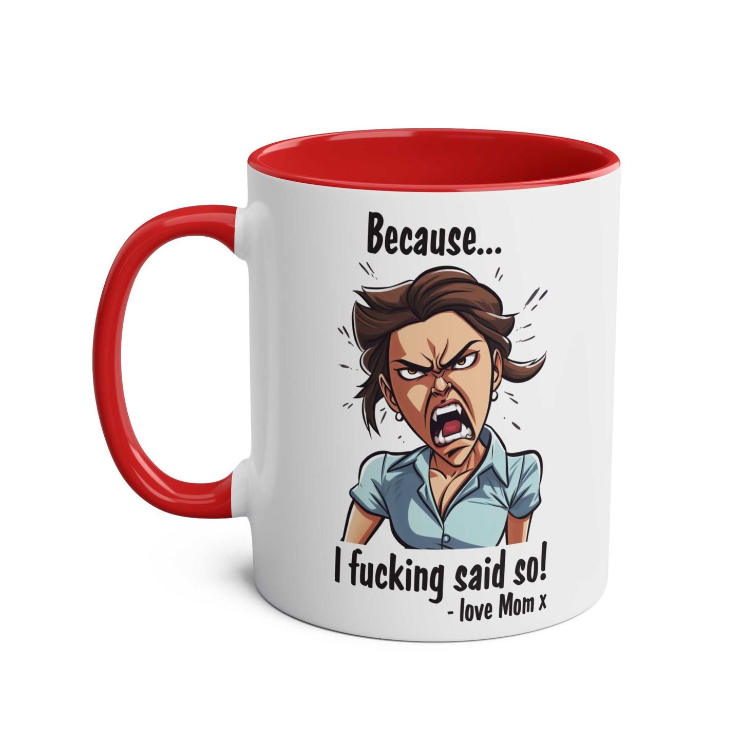 Cheeky Rude Ceramic Two Tone Mug with playful attitude design, red handle, and interior.