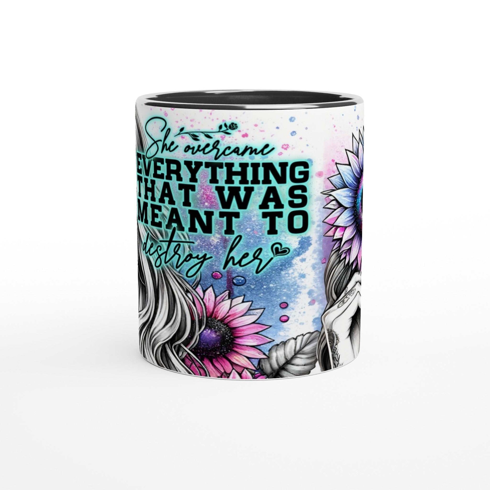 She Overcame Everything motivational coffee mug with colorful floral design, 11oz ceramic, glossy finish.