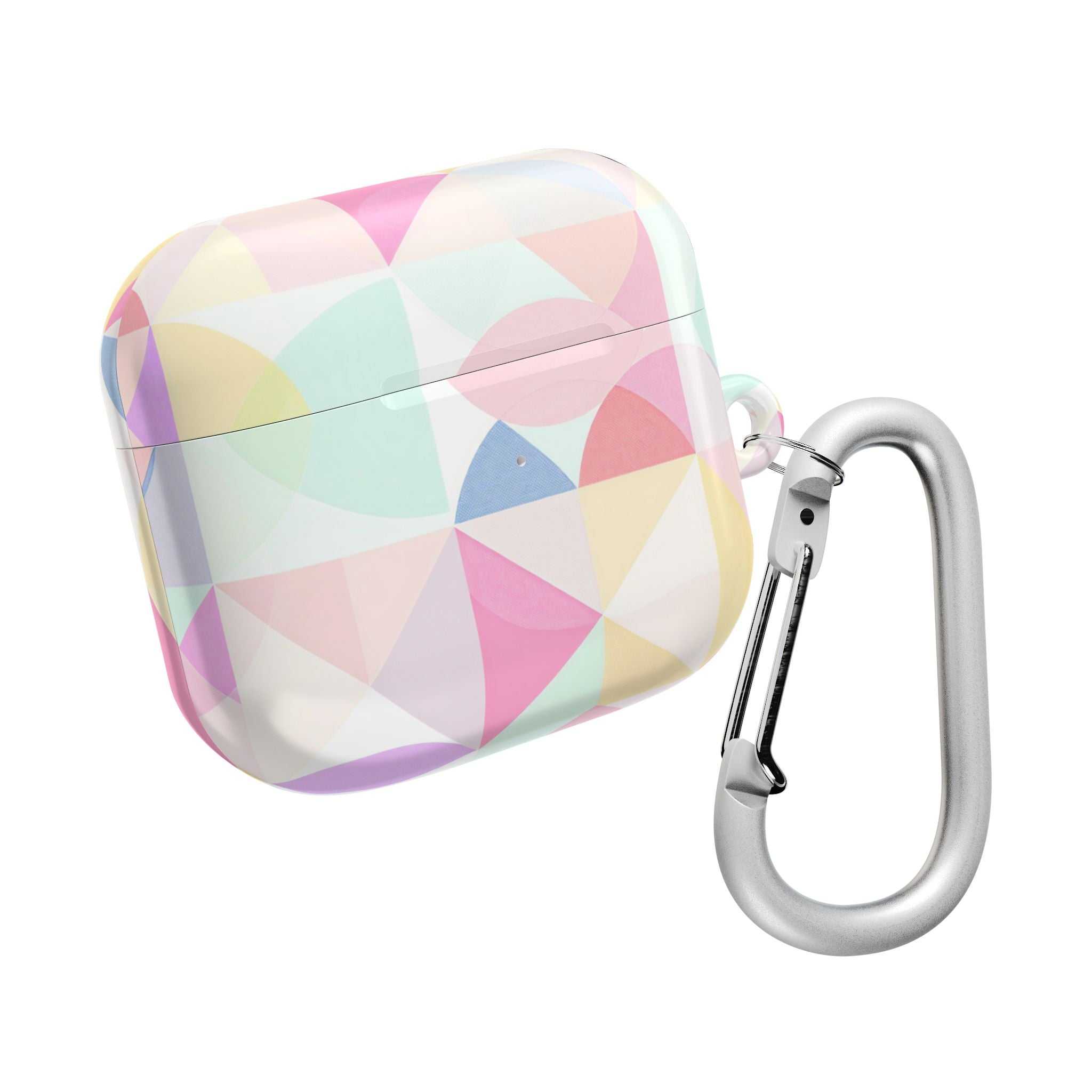 Pastel geometric print AirPods protective case with hard shell and carabiner clip