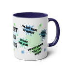 Fathers Day Gift Mug with humorous quotes in colorful design, blue handle and rim, 11oz ceramic, glossy finish.