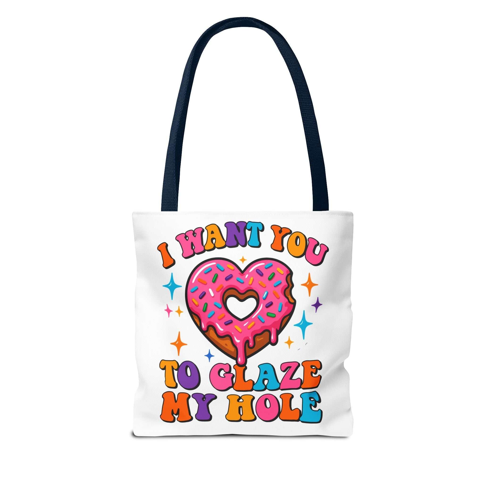 Glaze My Hole Donut Tote Bag with cheeky donut design and colorful handles