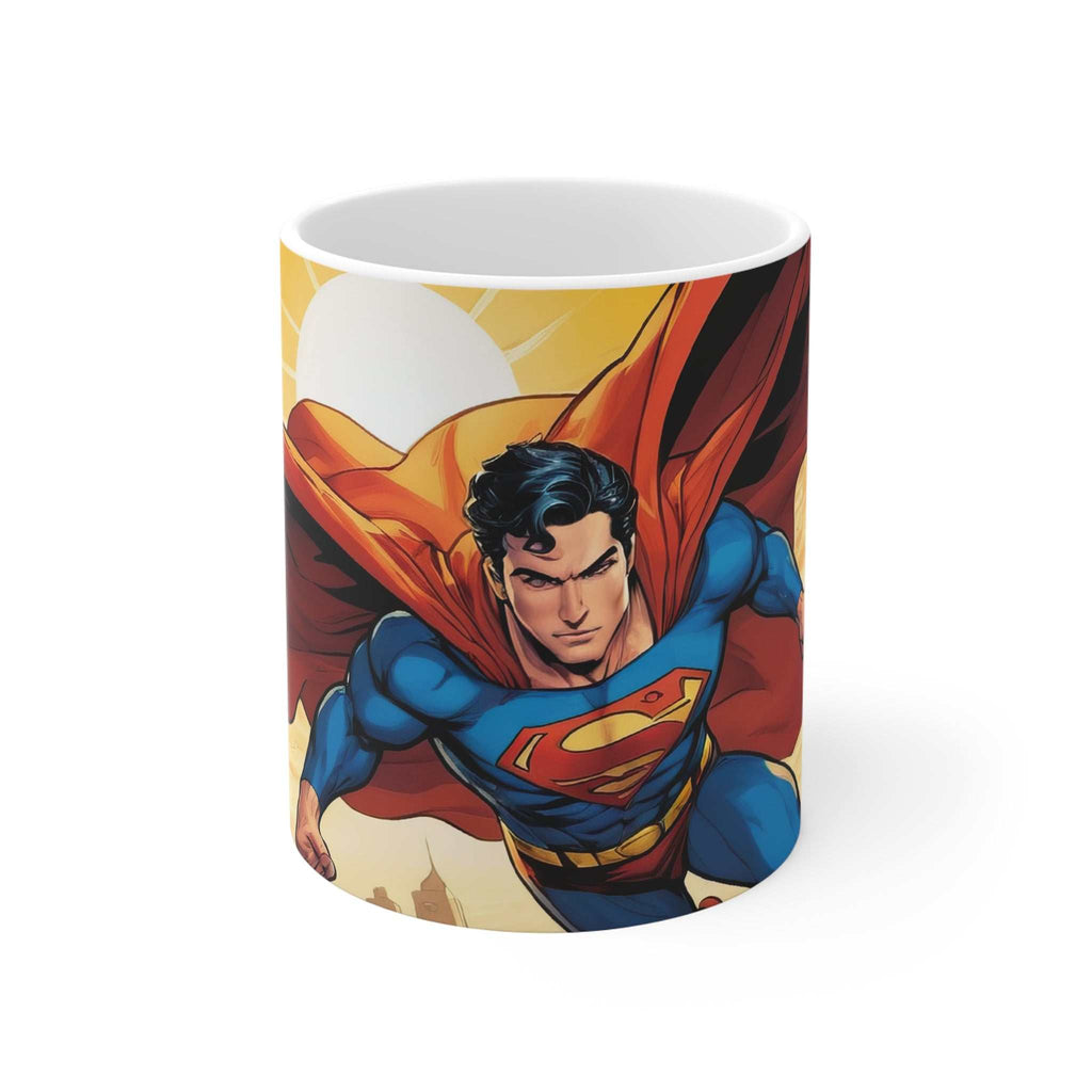 Superman inspired ceramic coffee mug with glossy finish and vibrant superhero design, microwave and dishwasher safe.