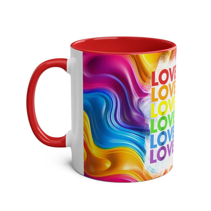 LGBTQ+ Pride mug with vibrant rainbow design and "LOVE" text.