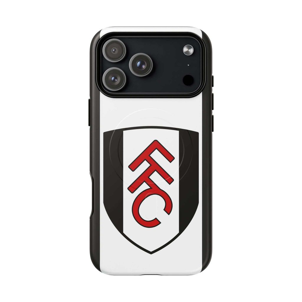 Fulham FC MagSafe iPhone case with black and white club crest, dual-layer protection, and MagSafe compatibility