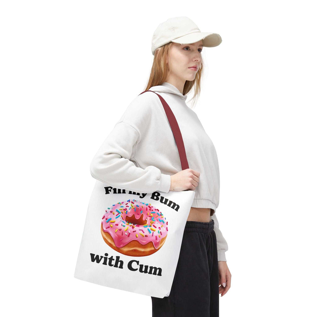 Provocative Donut Tote Bag with cheeky design, durable spun polyester, multiple sizes and handle colors