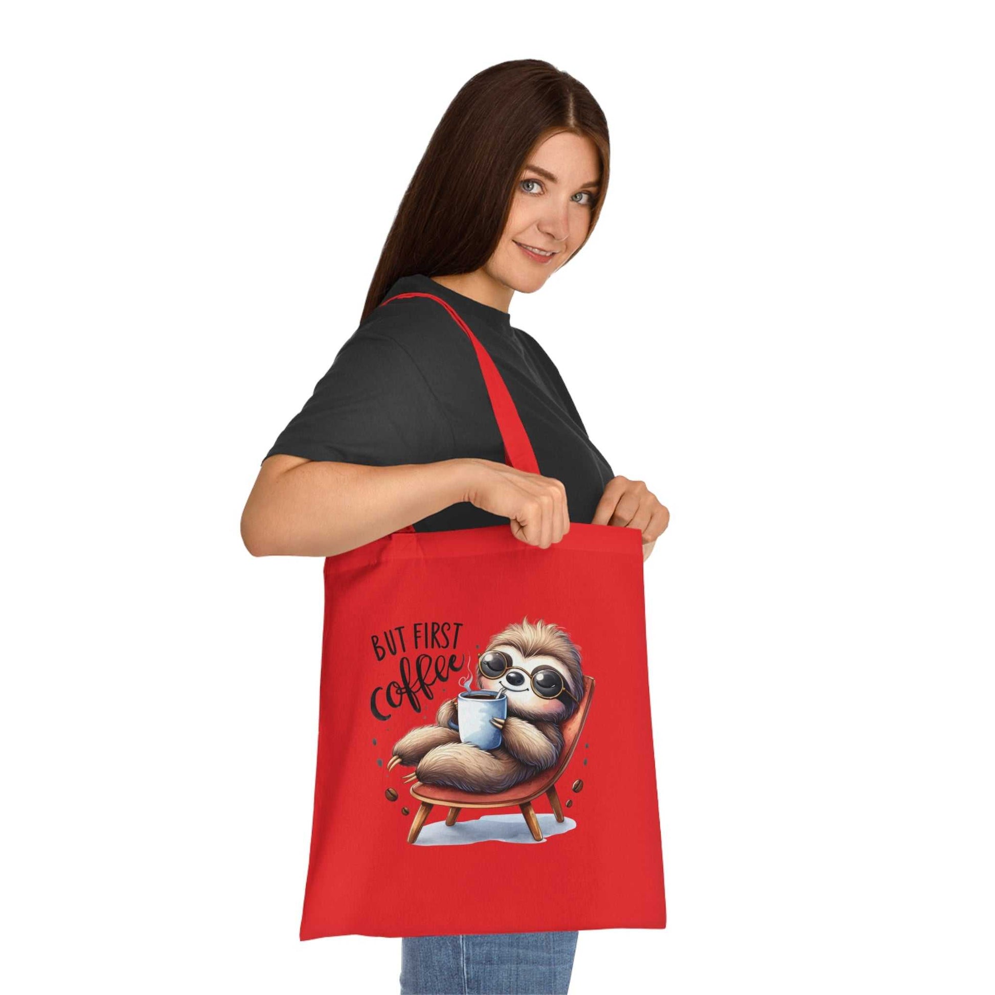 Cute sloth design cotton tote bag in vibrant colors, ideal for daily use and gifting.