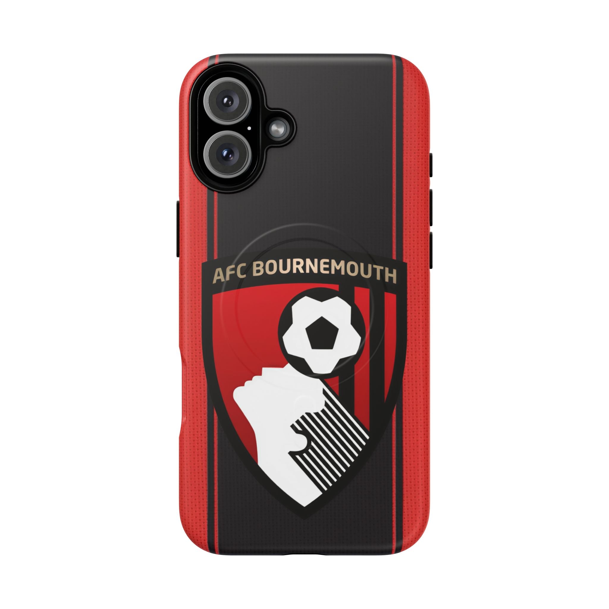 AFC Bournemouth MagSafe iPhone case with red and black design, club crest, dual layer protection, and MagSafe compatibility