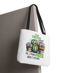Fun cactus tote bag with cheeky design, durable spun polyester, multiple sizes and handle colors