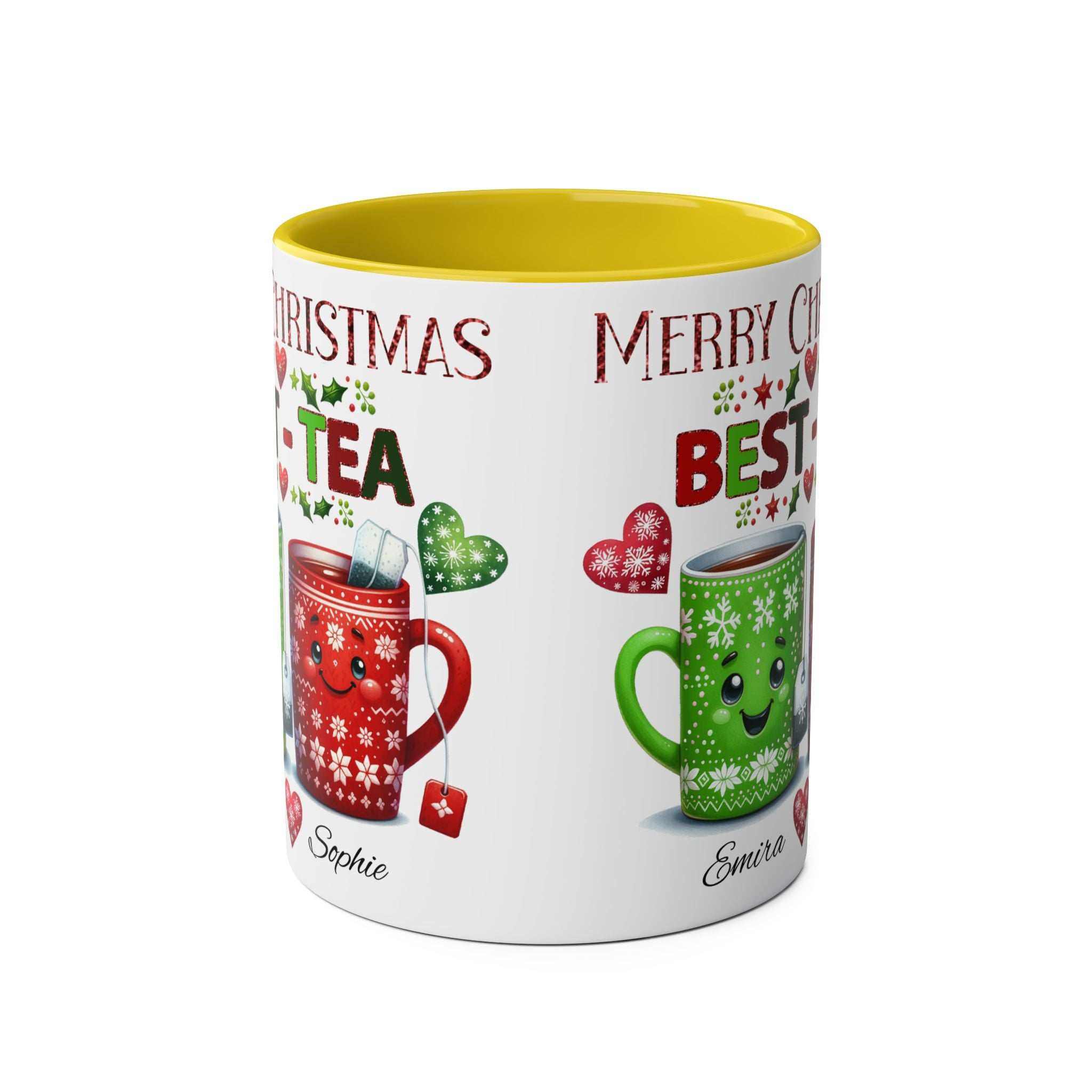 Personalised Bestie Christmas Mug with cute design, 11oz ceramic, available in 7 colors.