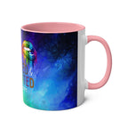 LGBTQ+ Pride Mug with rainbow design and pink handle, ceramic, 11oz, dishwasher safe.