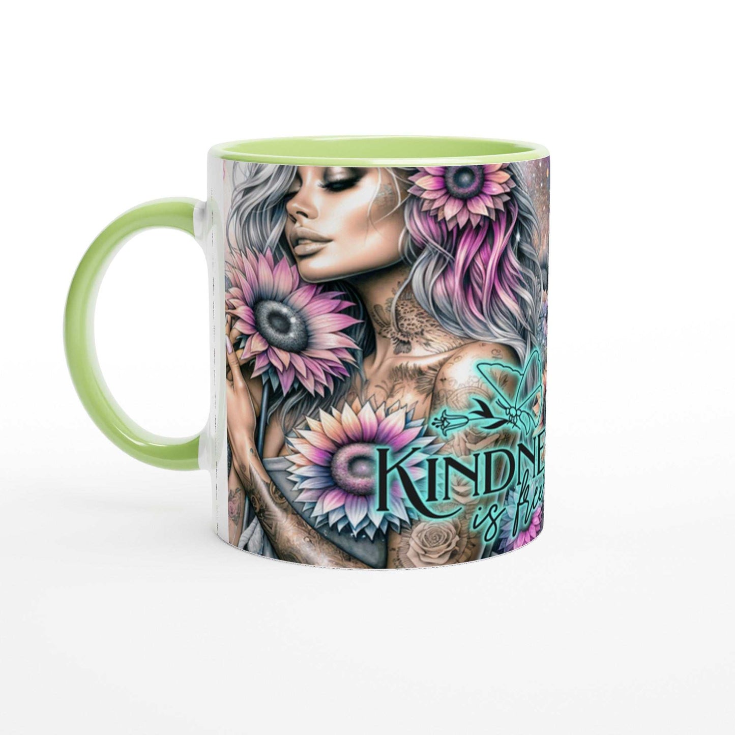 Kindness Is Free motivational coffee mug with vibrant floral design, green rim and handle, ceramic, dishwasher and microwave safe.