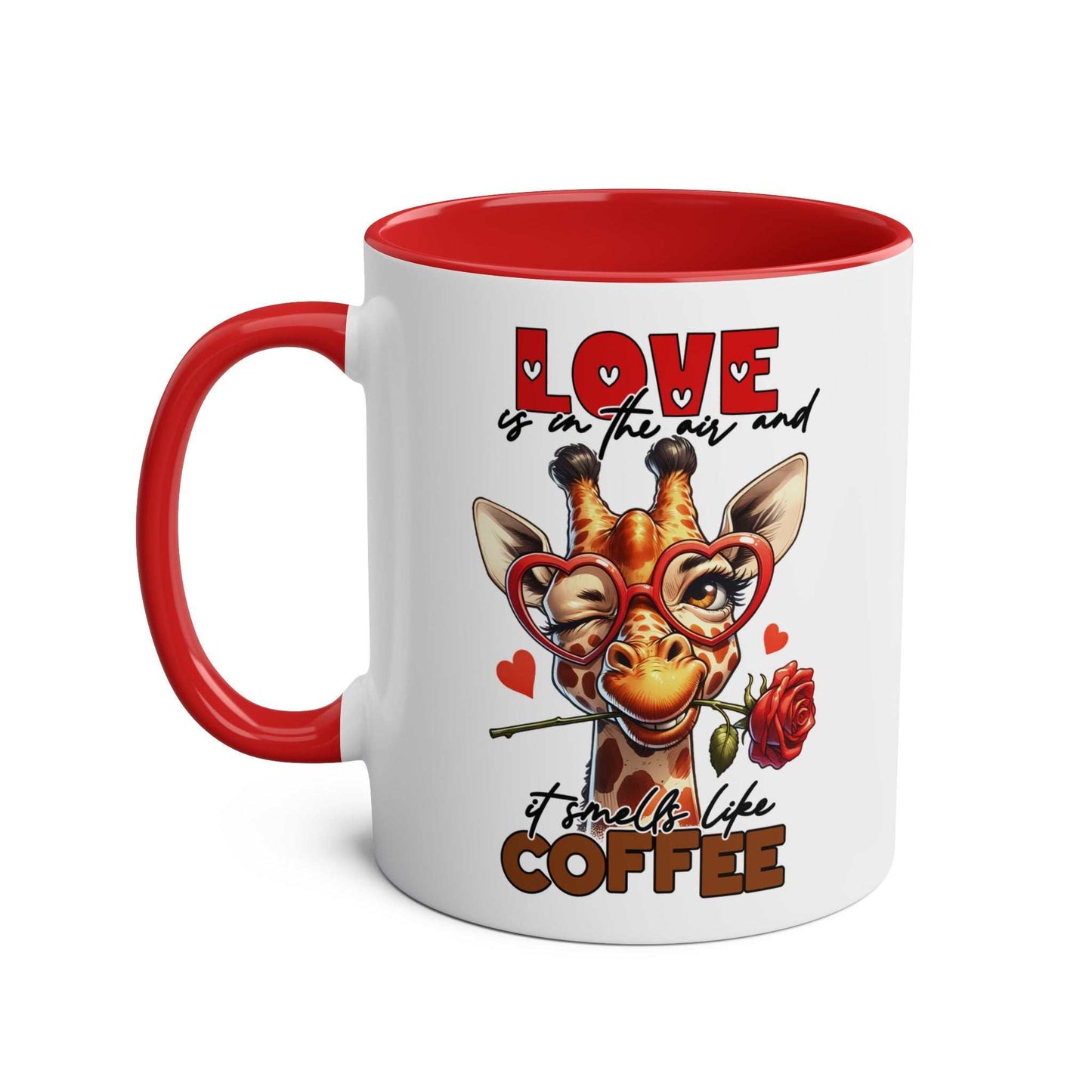 Giraffe design coffee mug with red handle and rim, features text "Love is in the air and it smells like coffee."