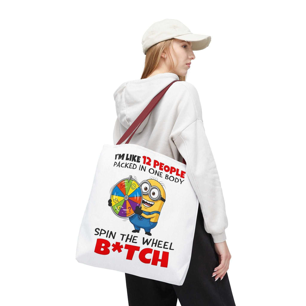 Funny Minion tote bag with cheeky design, durable spun polyester, and multiple handle colors for everyday use