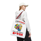 Funny Minion tote bag with cheeky design, durable spun polyester, and multiple handle colors for everyday use