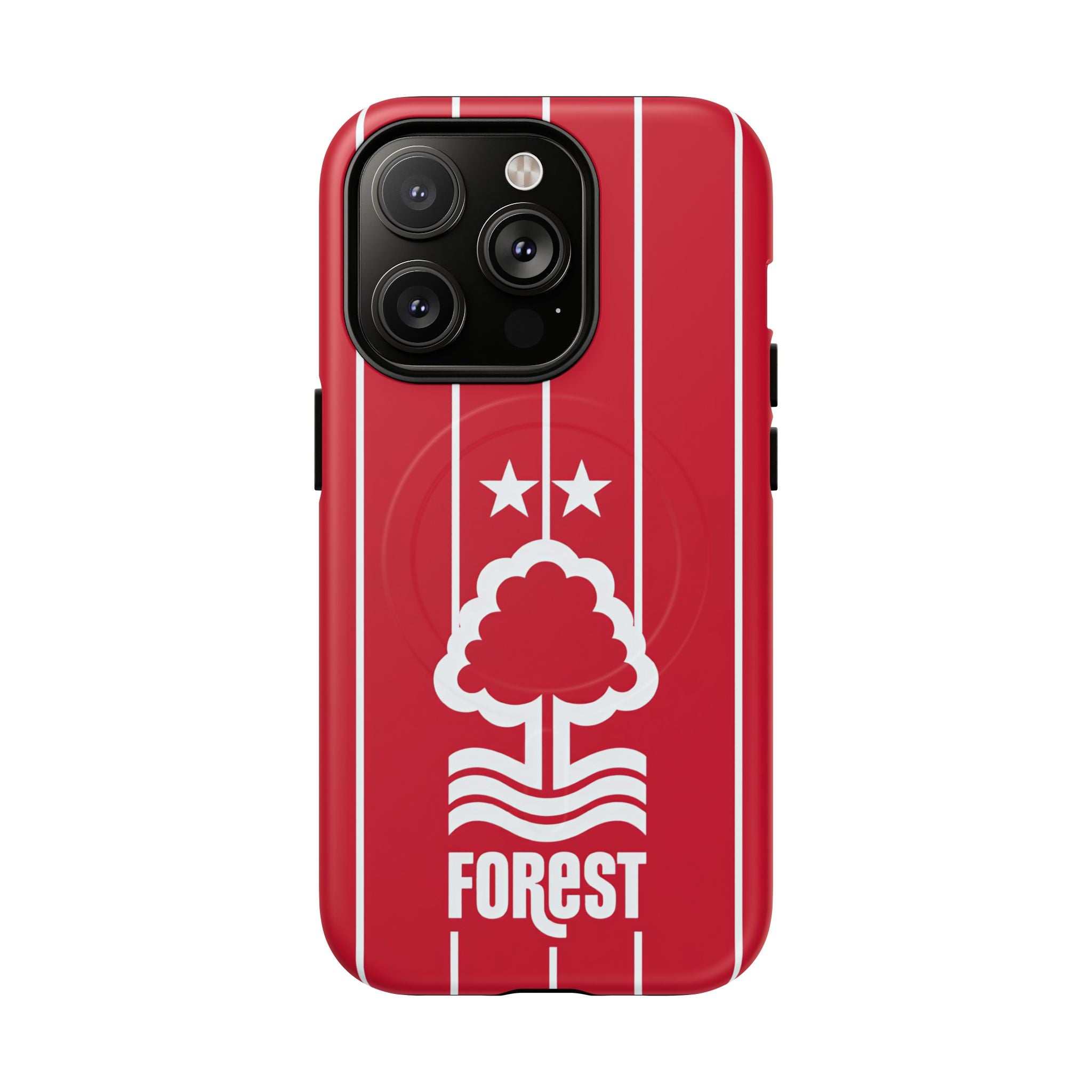 Nottingham Forest Magsafe iPhone Case with red colors and team crest, MagSafe compatible, dual layer protection, slim and durable design.