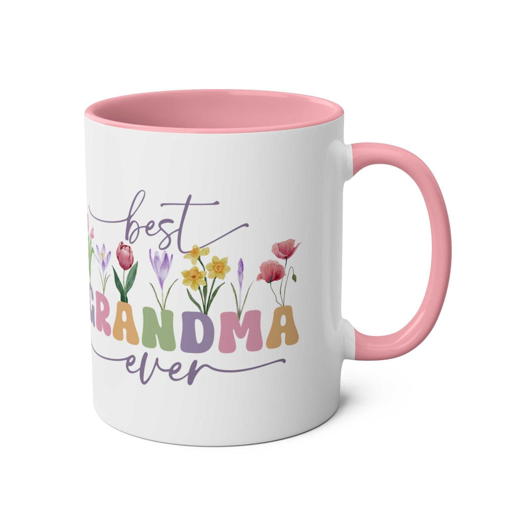 Best Grandma Ever Mother's Day gift mug with floral design and pink handle.