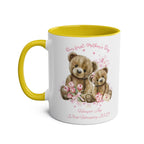 Personalised Our First Mother's Day mug with teddy bear design, baby's name, and birthdate on glossy ceramic cup