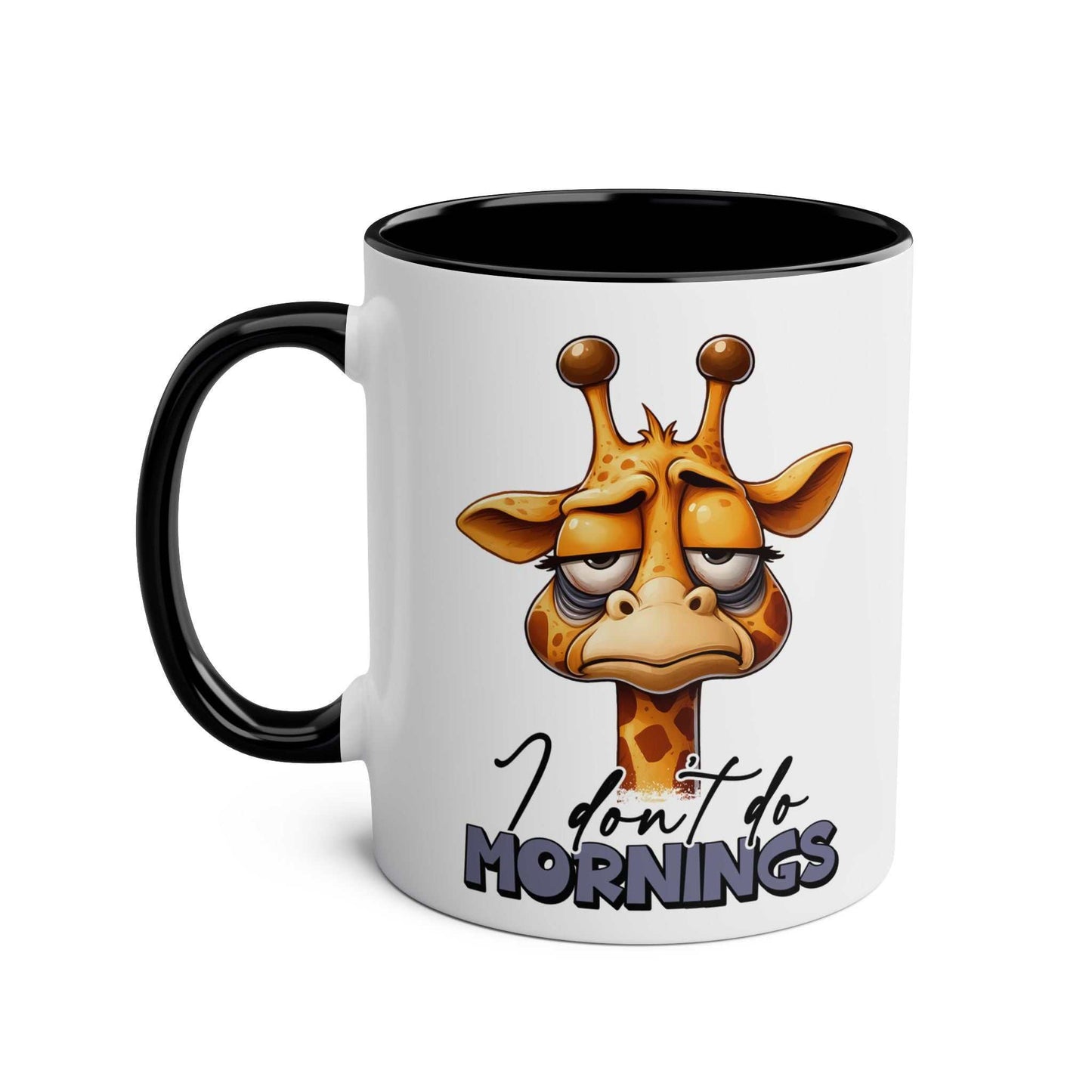 Dont Do Mornings Coffee Mug with playful giraffe design.