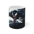 Venom-inspired superhero coffee mug with glossy finish and bold graphic design on 11oz ceramic cup