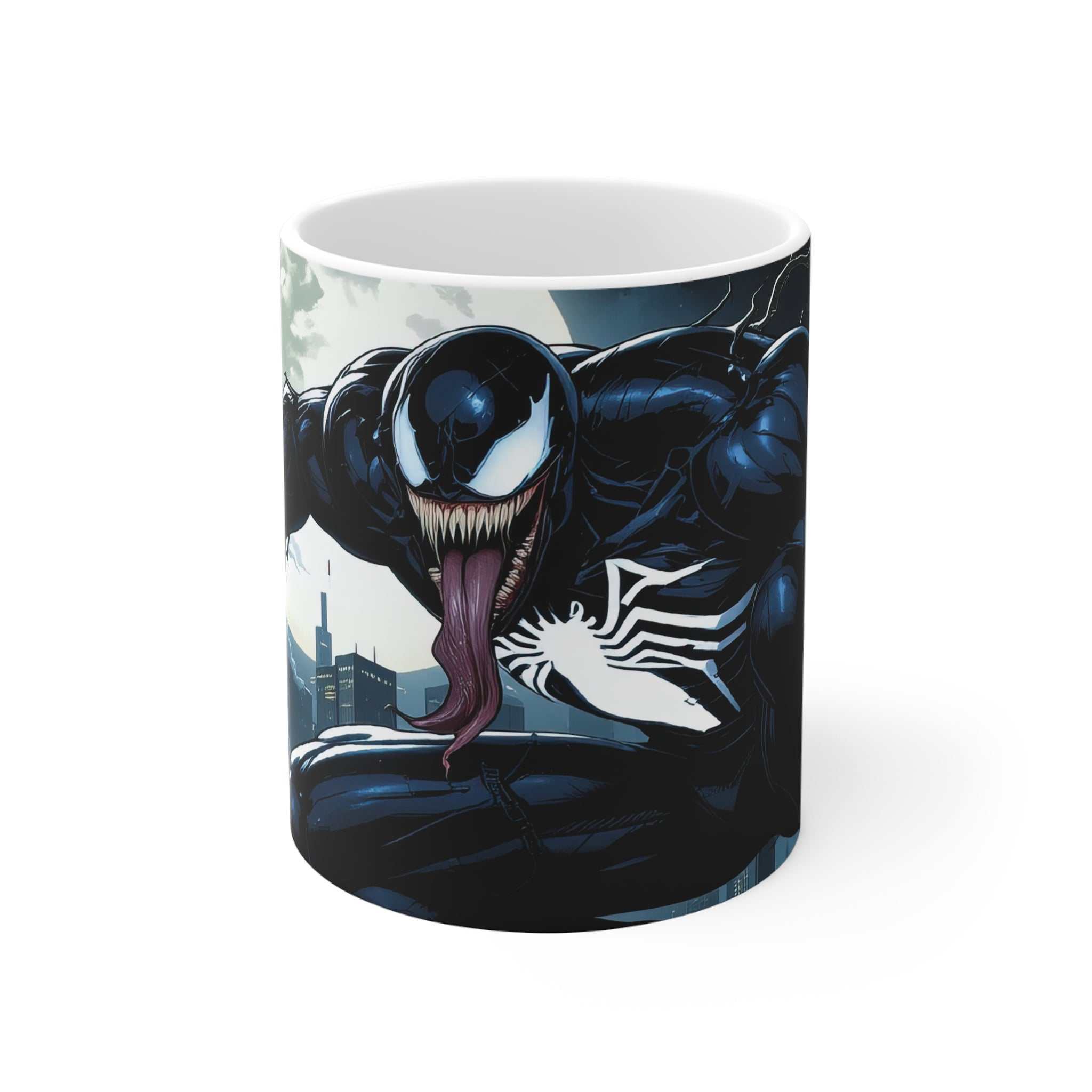 Venom-inspired superhero coffee mug with glossy finish and bold graphic design on 11oz ceramic cup
