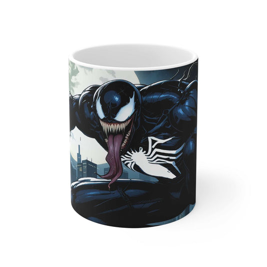 Venom-inspired superhero coffee mug with bold design, 11oz ceramic, glossy finish