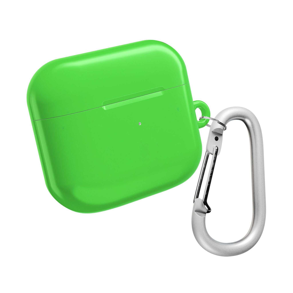 Lime green hard shell AirPods protective case with carabiner, scratch and bump resistant, lightweight and wireless charging compatible