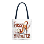 Fun Stretching Cat Tote Bag with cheeky cat design on durable polyester fabric and colorful handles