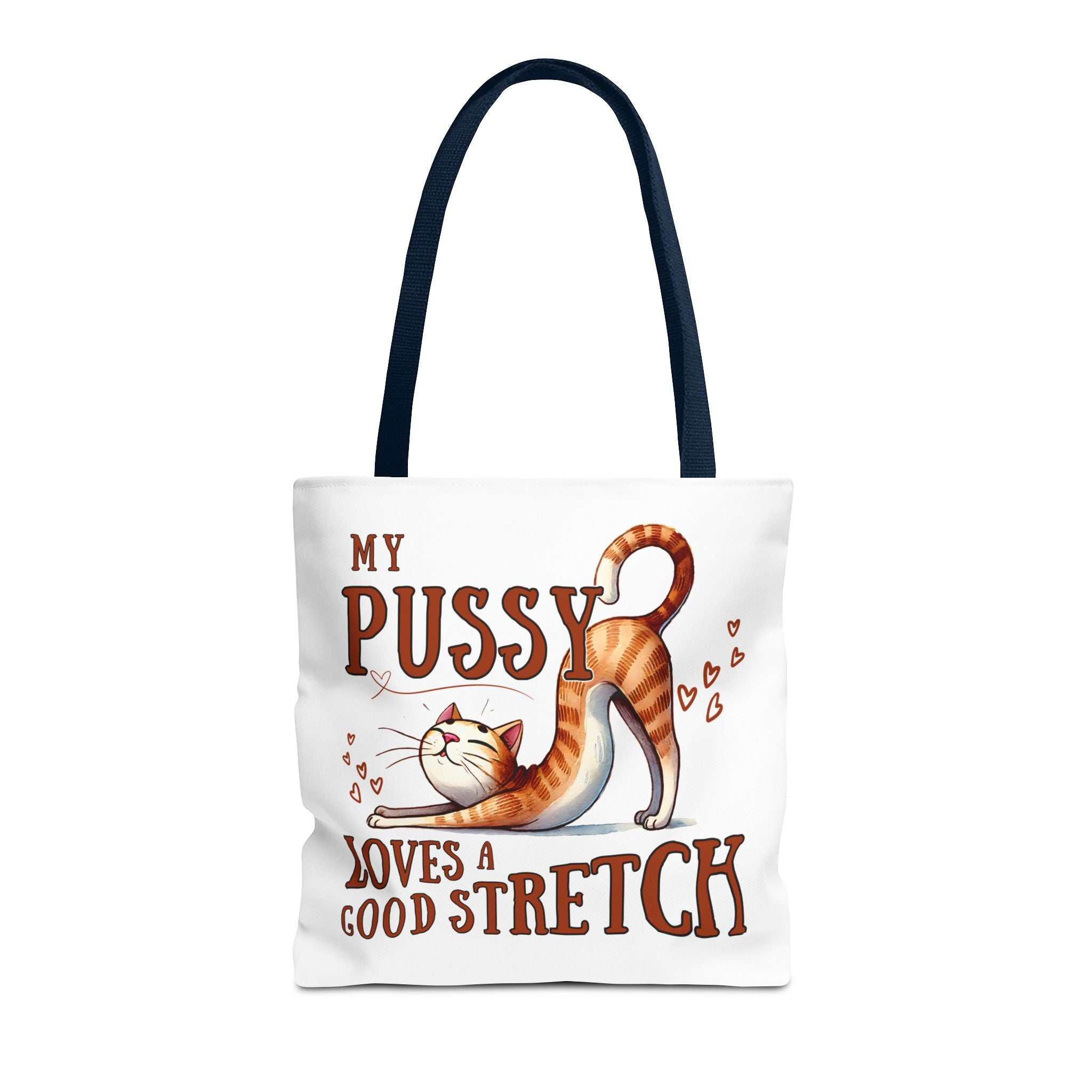 Fun Stretching Cat Tote Bag with cheeky cat design on durable polyester fabric and colorful handles