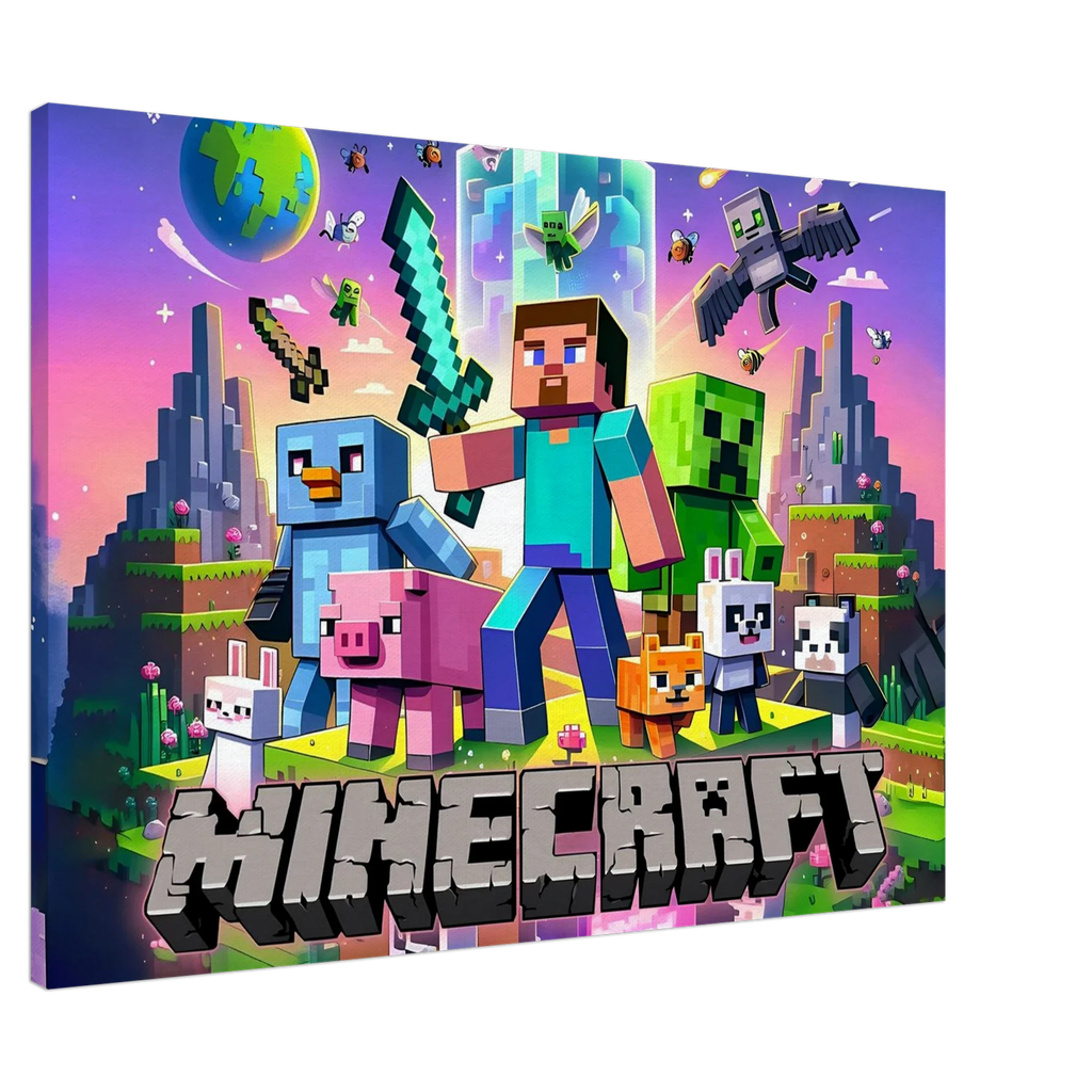 Minecraft Wall Canvas featuring vibrant pixelated scenes with characters, ideal for decorating bedrooms or gaming zones.