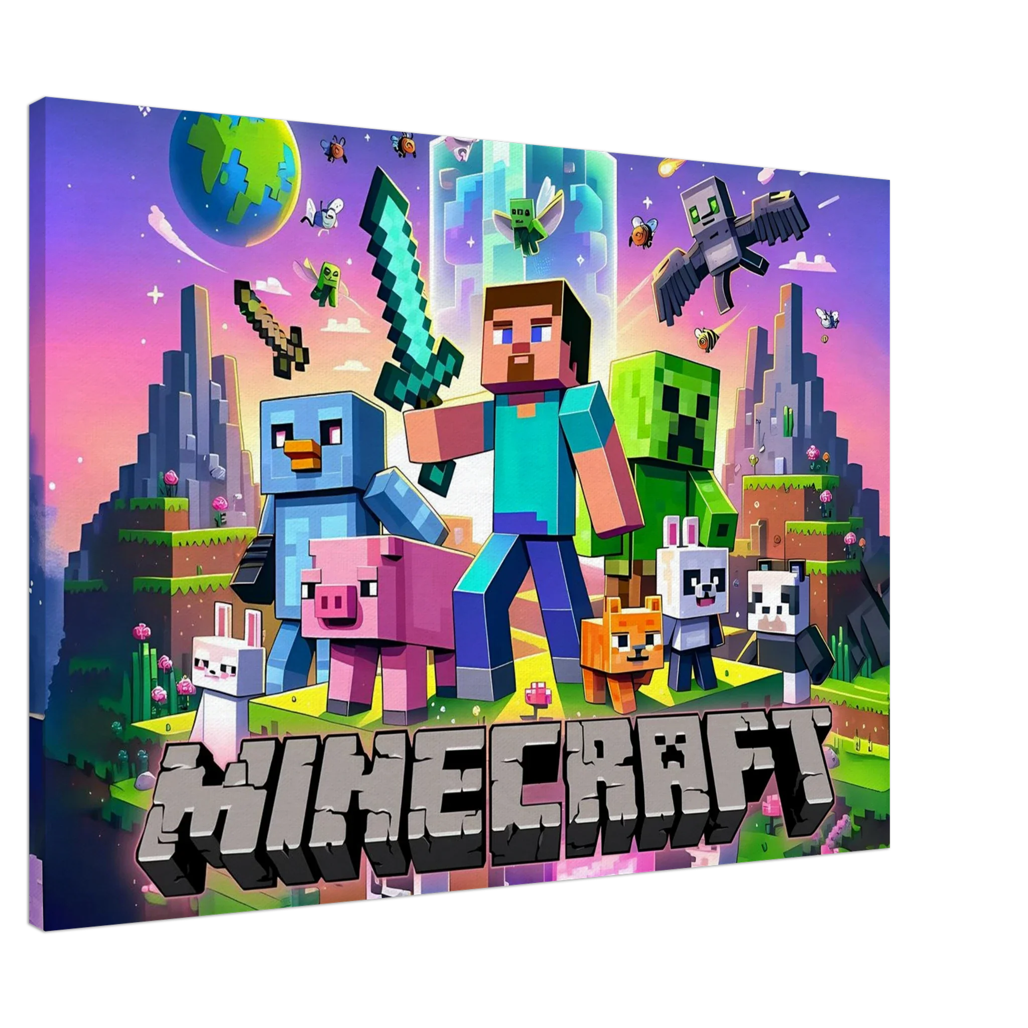 Minecraft Wall Canvas featuring vibrant pixelated scenes with characters, ideal for decorating bedrooms or gaming zones.