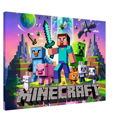 Minecraft Wall Canvas featuring vibrant pixelated scenes with characters, ideal for decorating bedrooms or gaming zones.