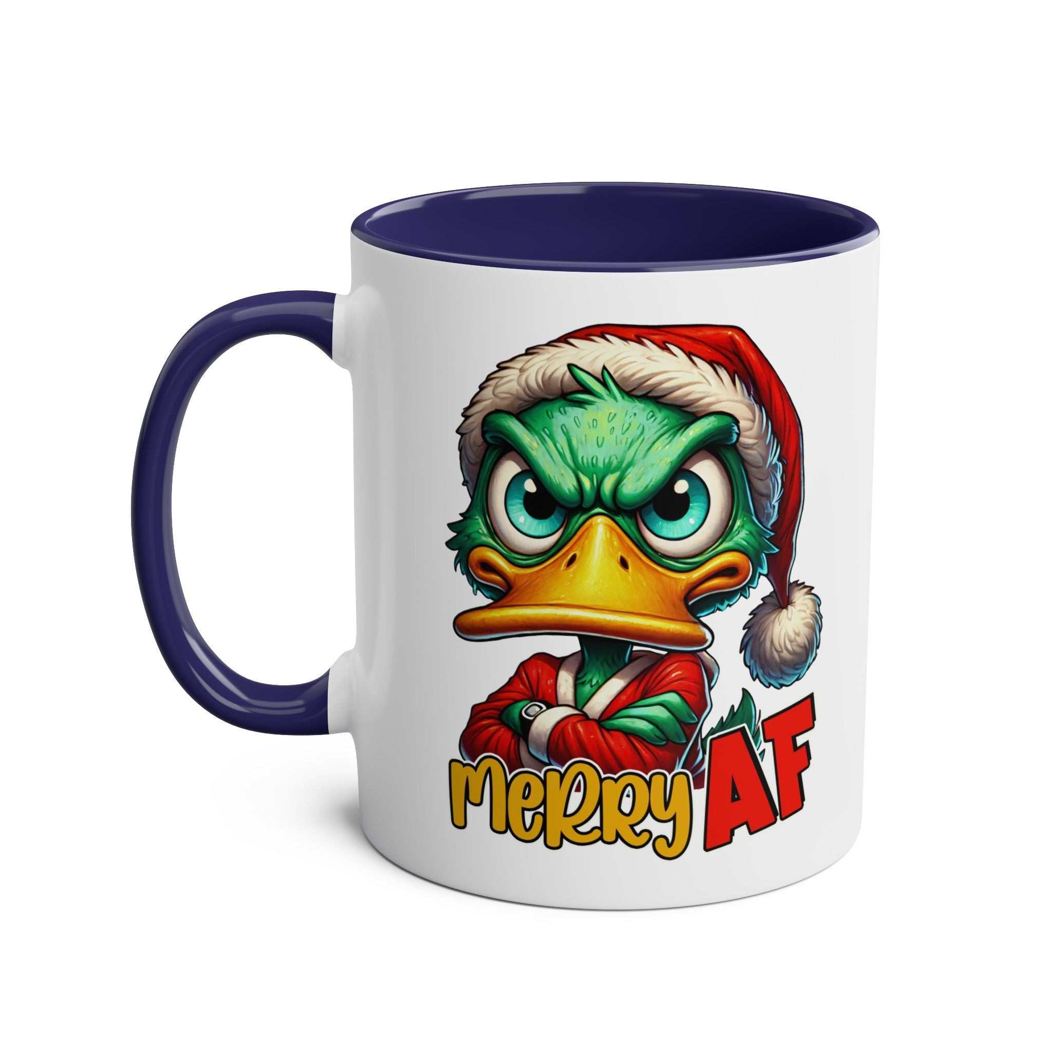 Novelty Christmas mug with sassy duck design, "Merry AF" text, and Santa hat.