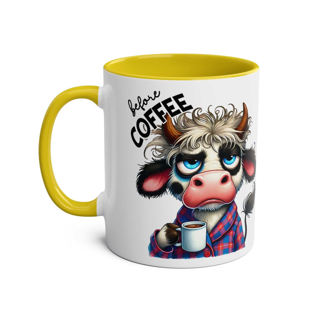 Fun Sarcastic Coffee Mug with Humorous Cow Design, 11oz Ceramic, Yellow Handle
