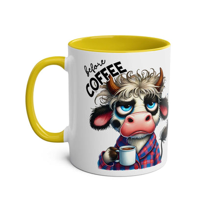Fun Sarcastic Coffee Mug with Humorous Cow Design, 11oz Ceramic, Yellow Handle