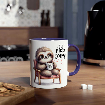 Cute sloth coffee mug with cozy design and whimsical vibe, 11oz ceramic, glossy finish, ideal for gifting.
