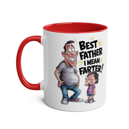 Fun Fathers Day Gift Mug with humorous cartoon design and red handle.
