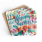 Colorful floral "Morning Fuckers" coaster set with high-gloss MDF top and cork back.